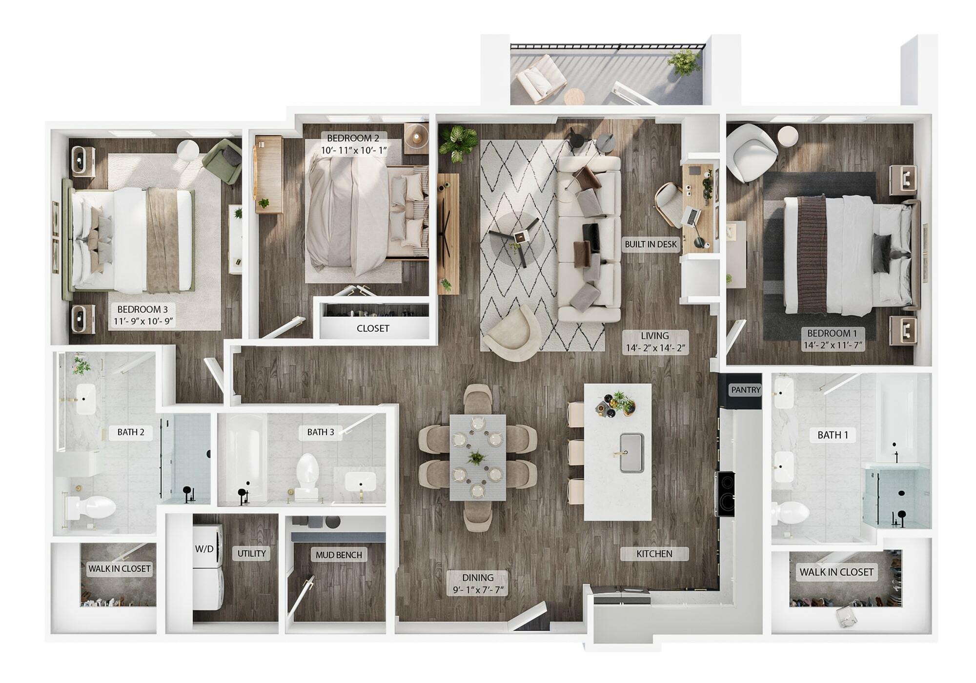 A 3D image of the 3BR/2BA – C1 floorplan, a 1489 squarefoot, 3 bed / 2 bath unit