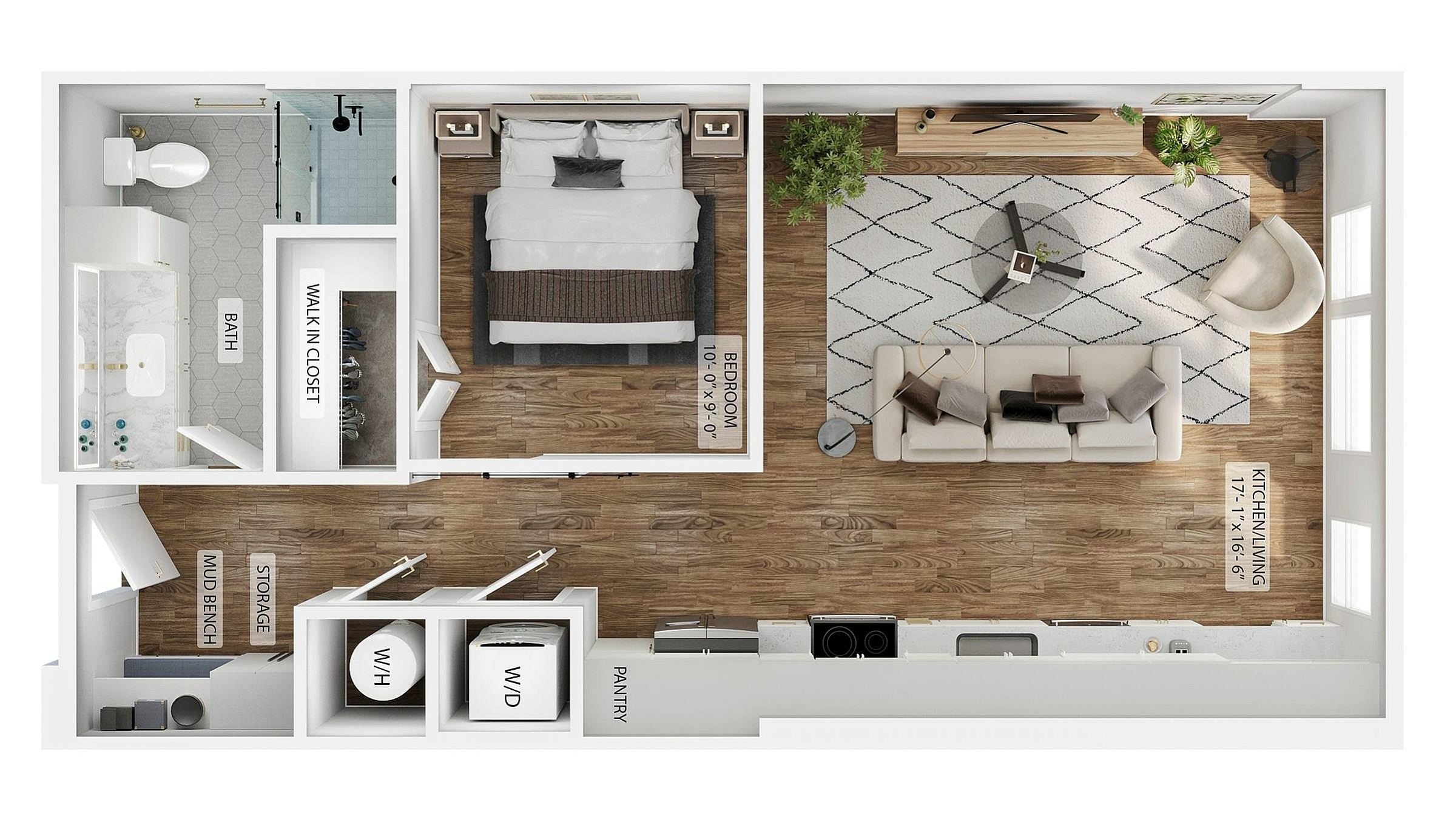 A 3D image of the 1BR/1BA – E1 floorplan, a 648 squarefoot, 1 bed / 1 bath unit