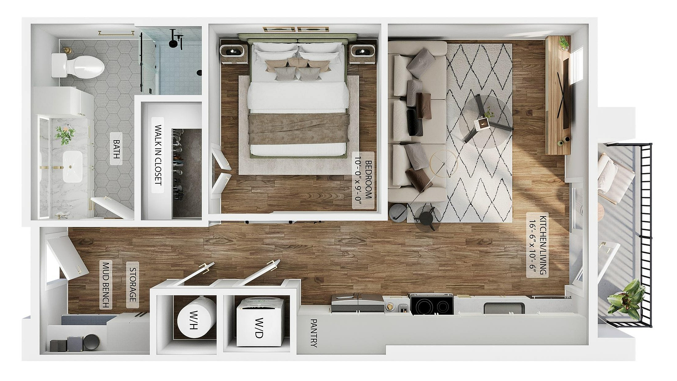 A 3D image of the 1BR/1BA – E1 – SMART floorplan, a 540 squarefoot, 1 bed / 1 bath unit