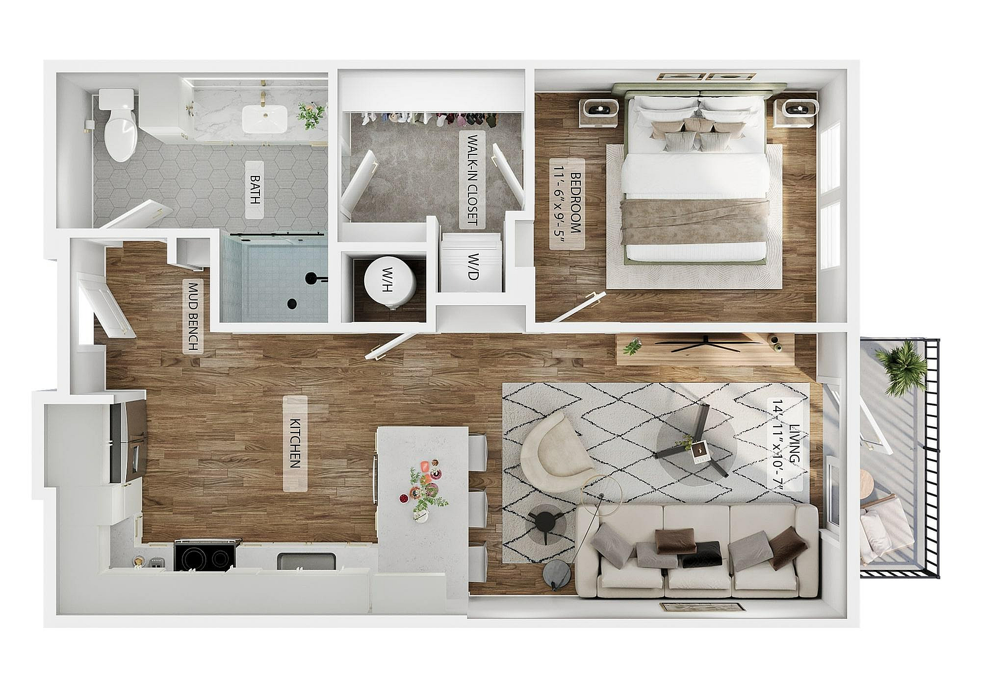 A 3D image of the 1BR/1BA – A1 floorplan, a 632 squarefoot, 1 bed / 1 bath unit