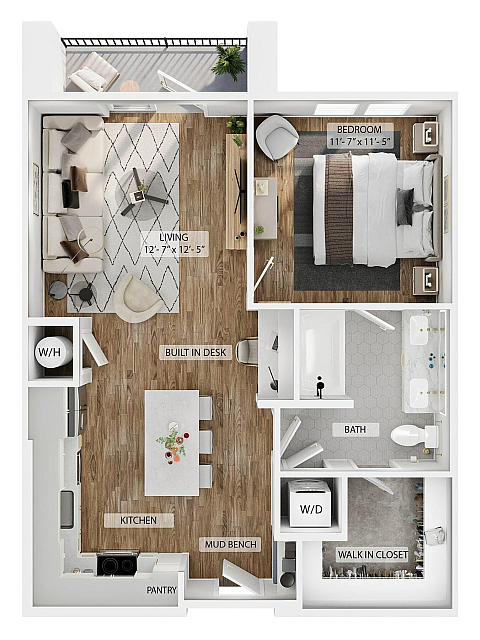 A 3D image of the 1BR/1BA – A4 floorplan, a 750 squarefoot, 1 bed / 1 bath unit