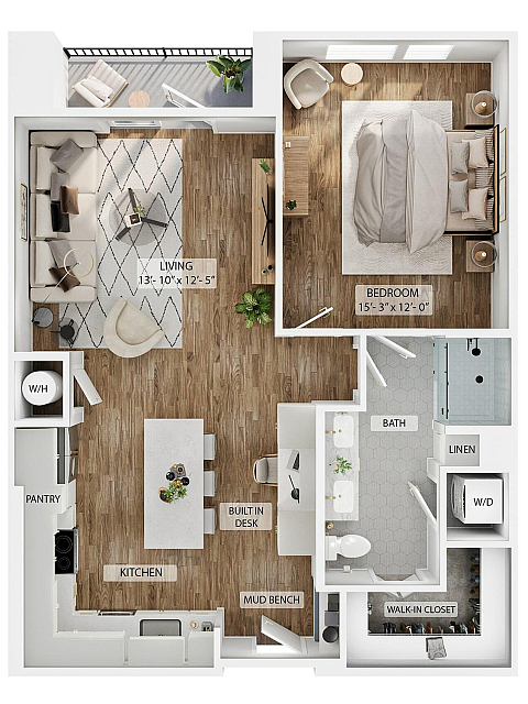 A 3D image of the 1BR/1BA – A5 floorplan, a 862 squarefoot, 1 bed / 1 bath unit