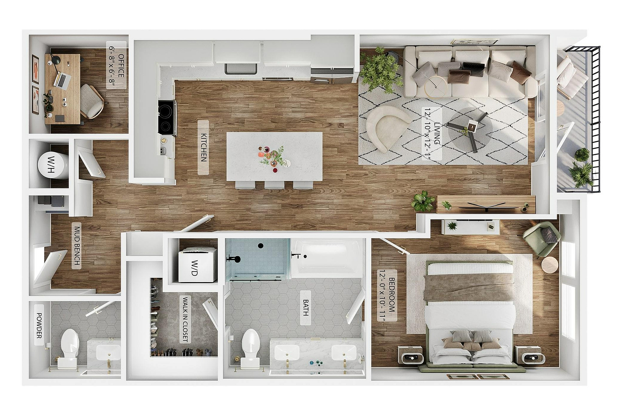 A 3D image of the 1BR/1BA – A6 floorplan, a 890 squarefoot, 1 bed / 1 bath unit