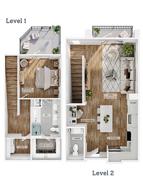 A 3D image of the 1BR/1BA – A8 floorplan, a 1065 squarefoot, 1 bed / 1 bath unit