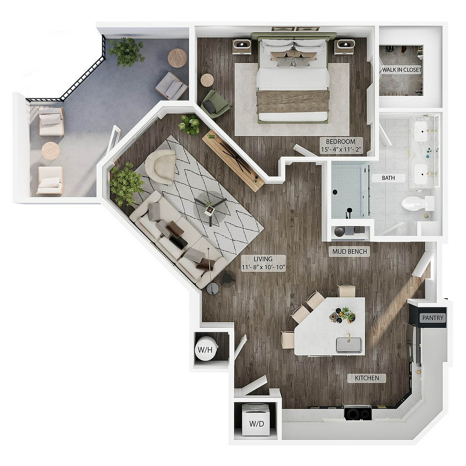 A 3D image of the 1BR/1BA – A9 floorplan, a 852 squarefoot, 1 bed / 1 bath unit