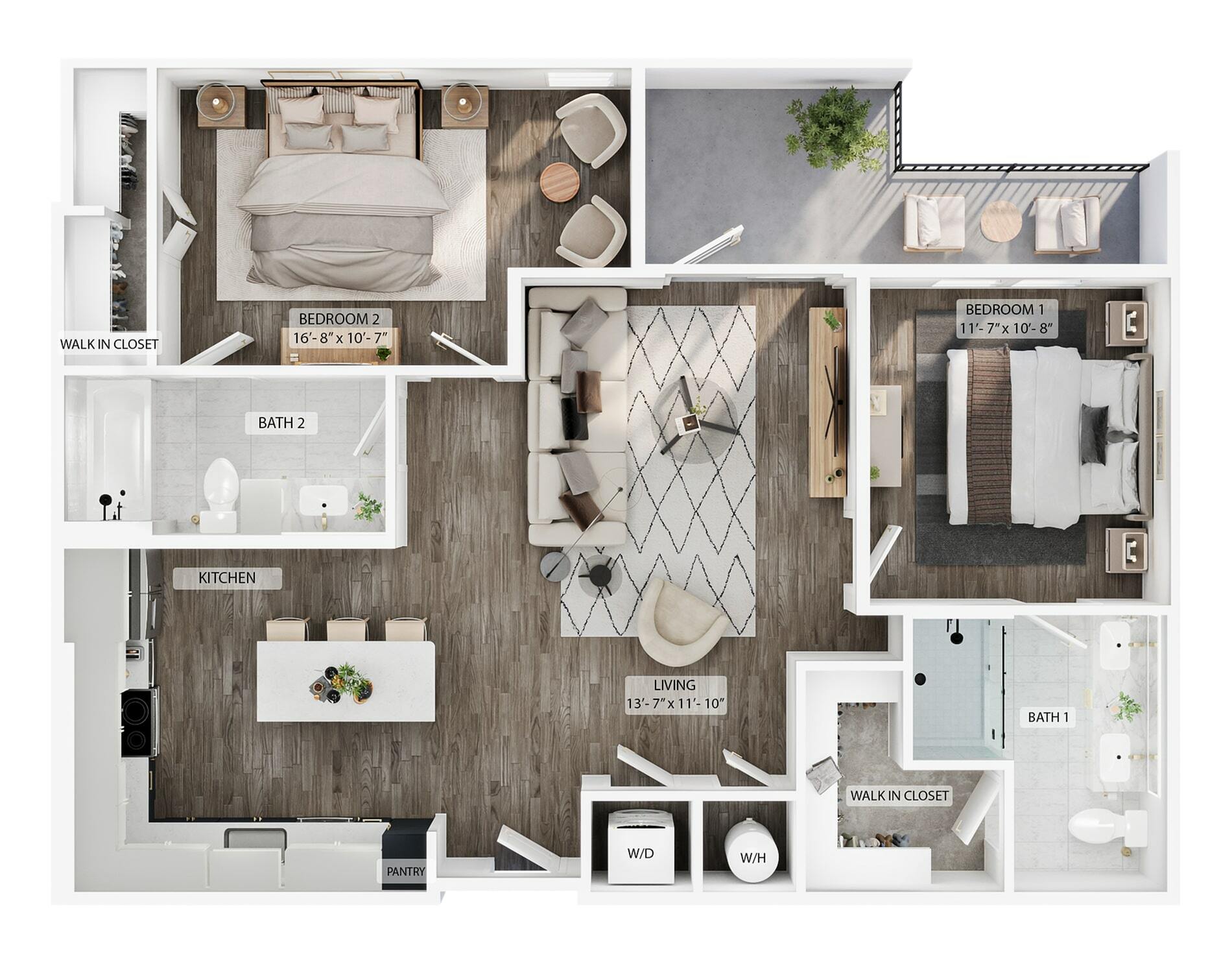 A 3D image of the 2BR/2BA – B1 floorplan, a 1059 squarefoot, 2 bed / 2 bath unit