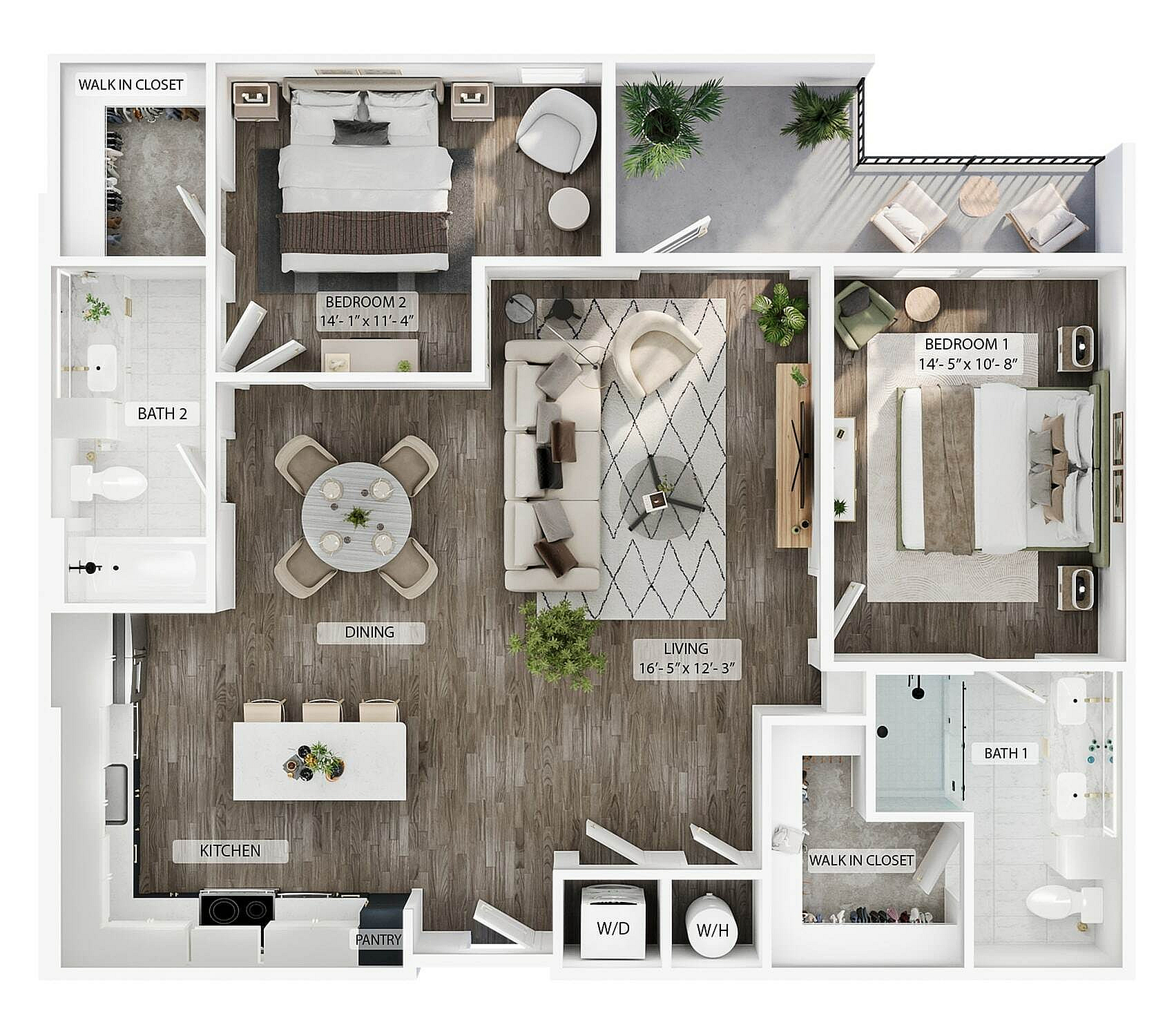 A 3D image of the 2BR/2BA – B1a floorplan, a 1211 squarefoot, 2 bed / 2 bath unit