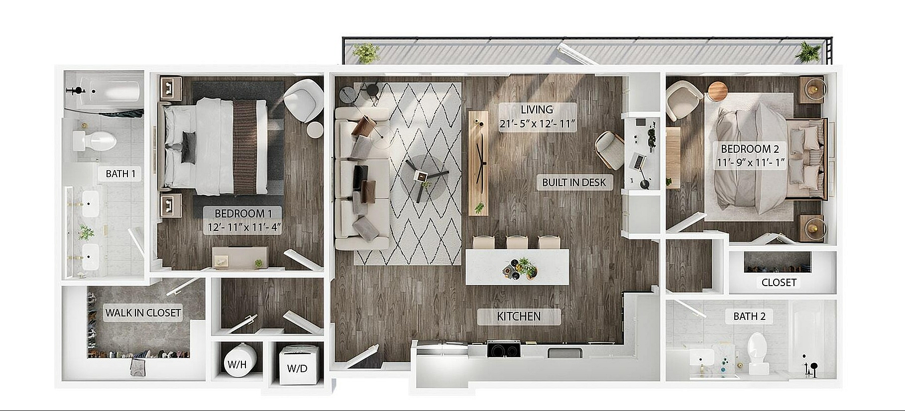 A 3D image of the 2BR/2BA – B2 floorplan, a 1075 squarefoot, 2 bed / 2 bath unit