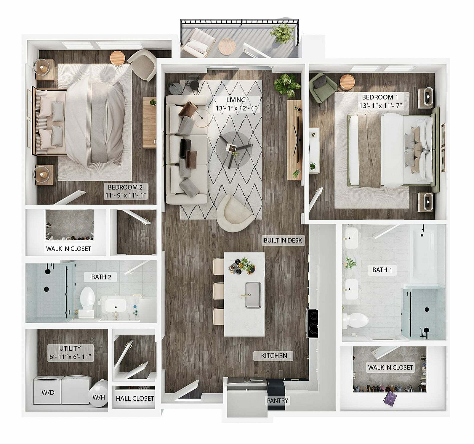 A 3D image of the 2BR/2BA – B3 floorplan, a 1108 squarefoot, 2 bed / 2 bath unit