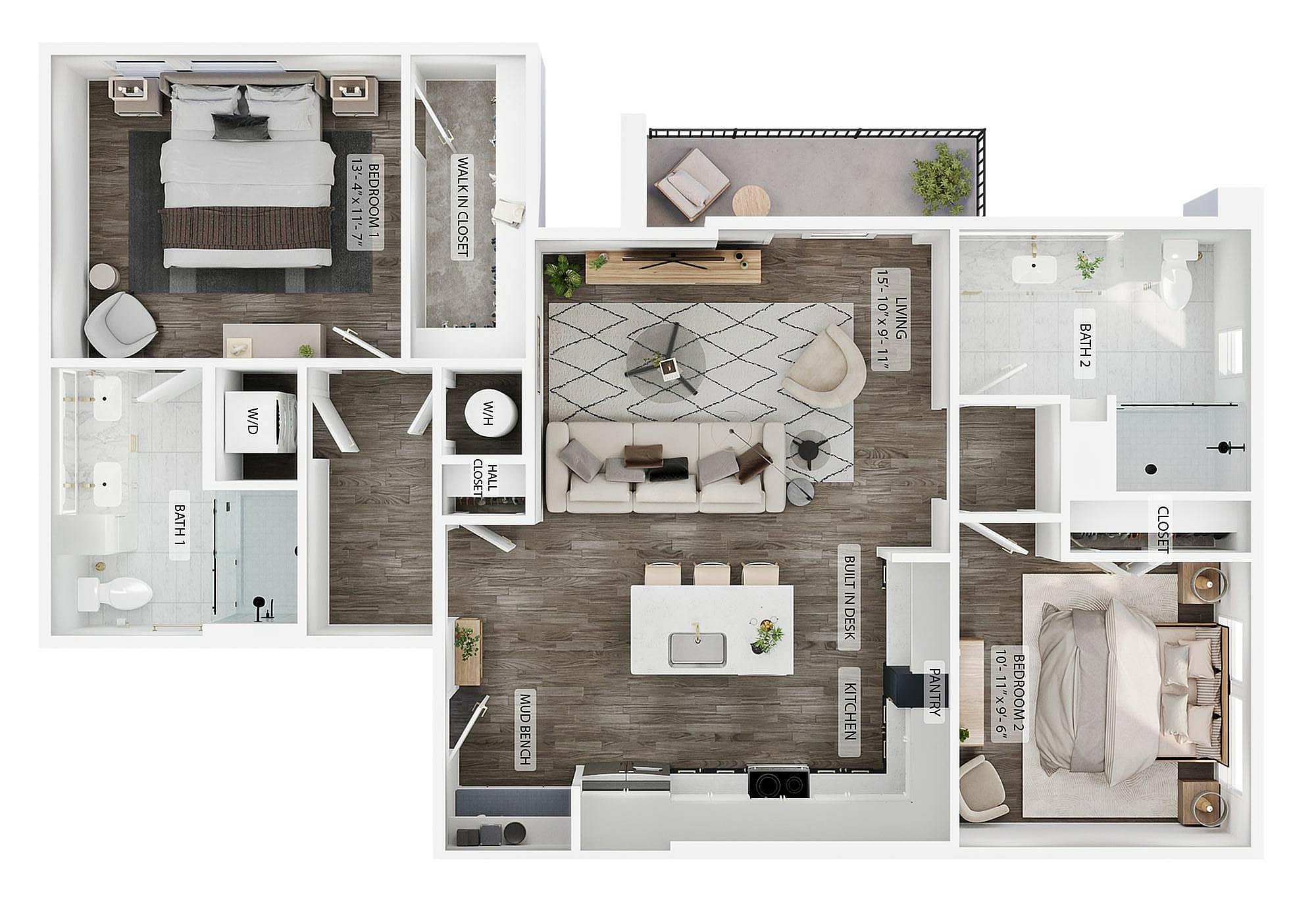 A 3D image of the 2BR/2BA – B4 floorplan, a 1139 squarefoot, 2 bed / 2 bath unit