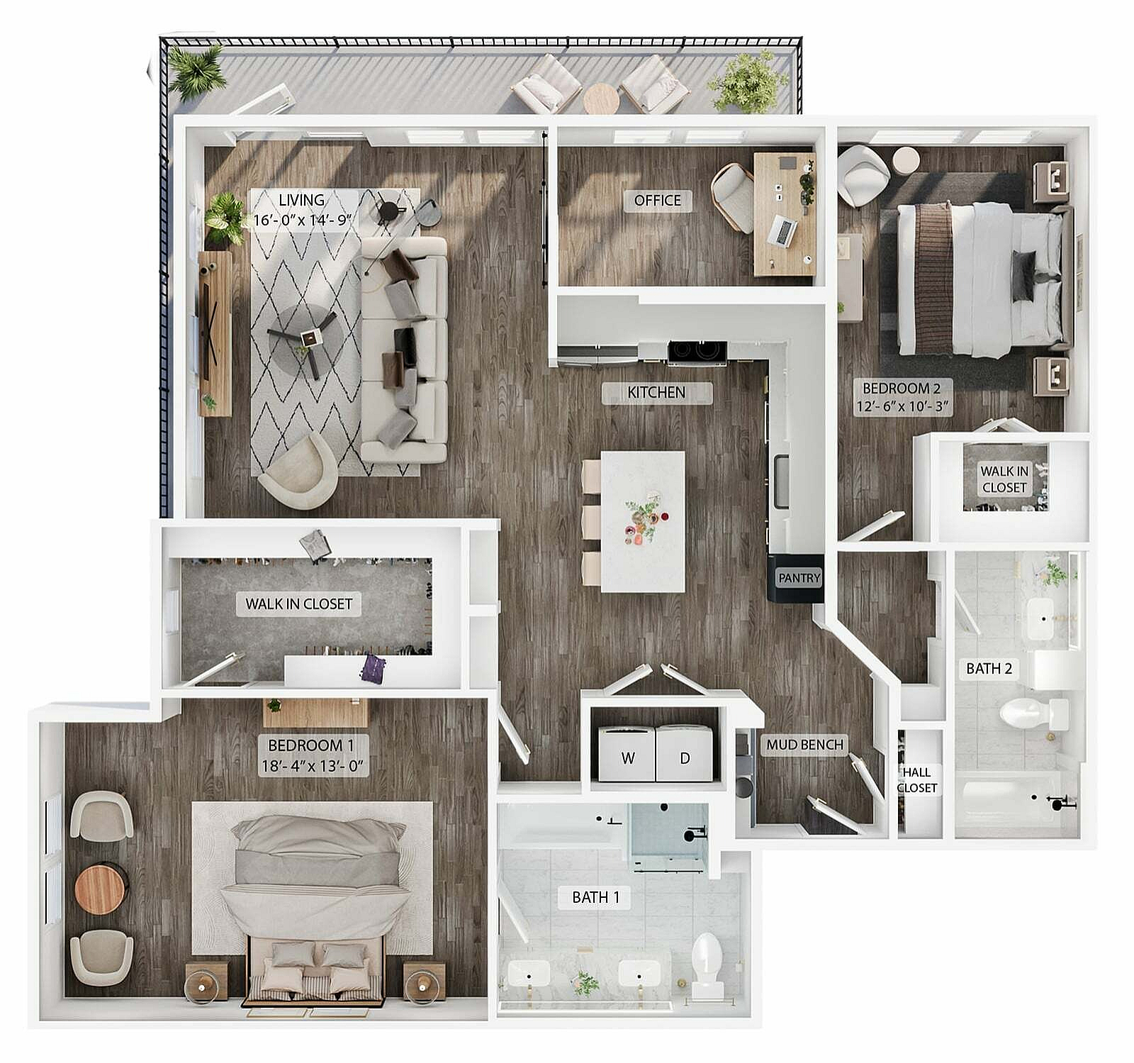 A 3D image of the 2BR/2BA – B6 floorplan, a 1393 squarefoot, 2 bed / 2 bath unit