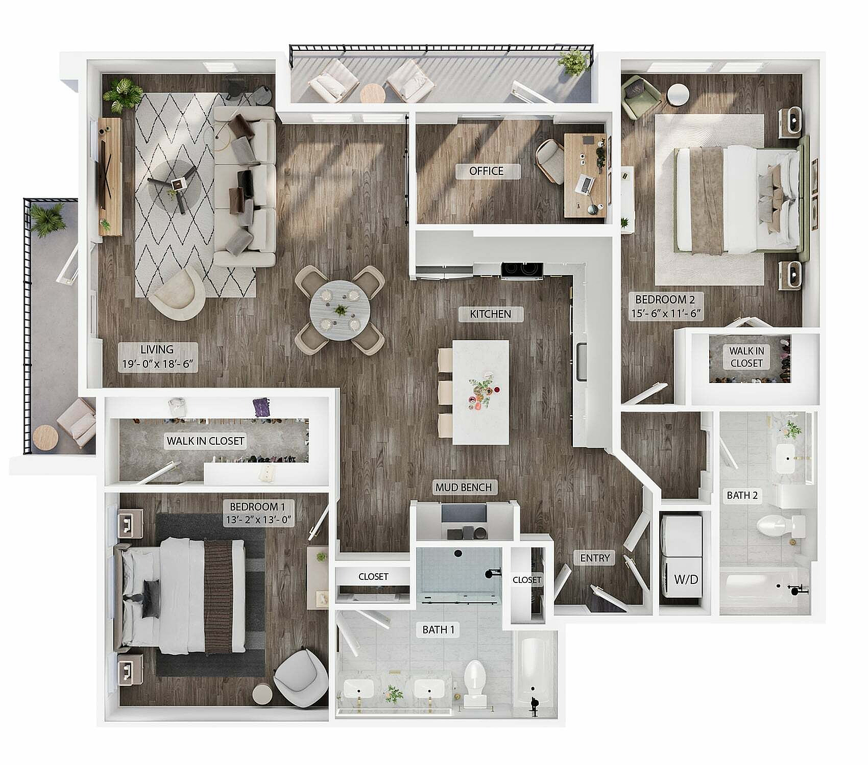 A 3D image of the 2BR/2BA – B7 floorplan, a 1511 squarefoot, 2 bed / 2 bath unit