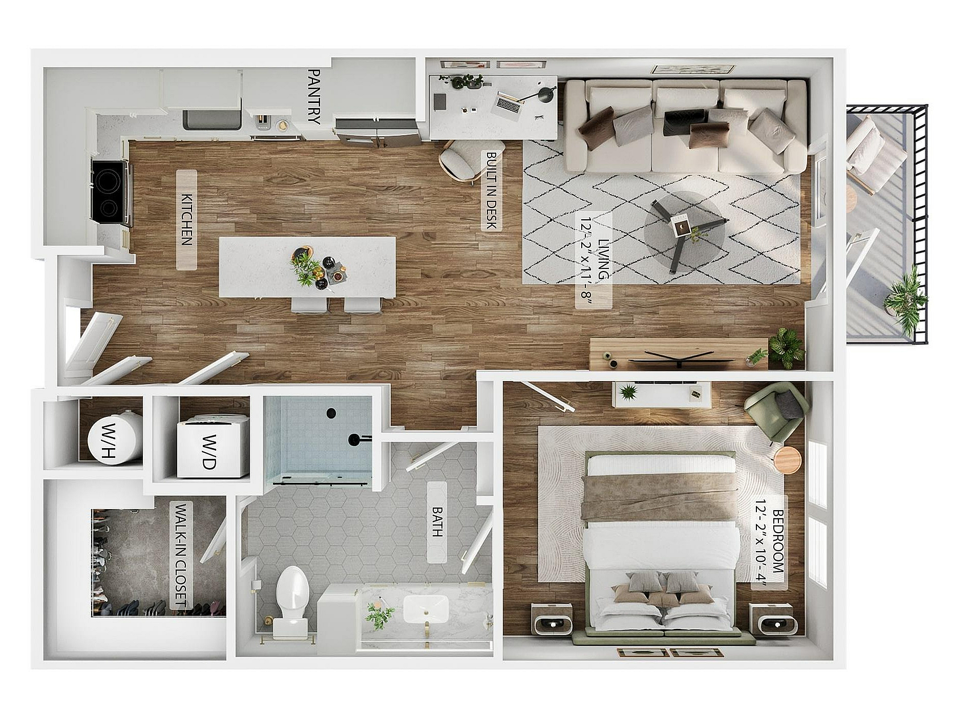 A 3D image of the 1BR/1BA – A3 floorplan, a 690 squarefoot, 1 bed / 1 bath unit