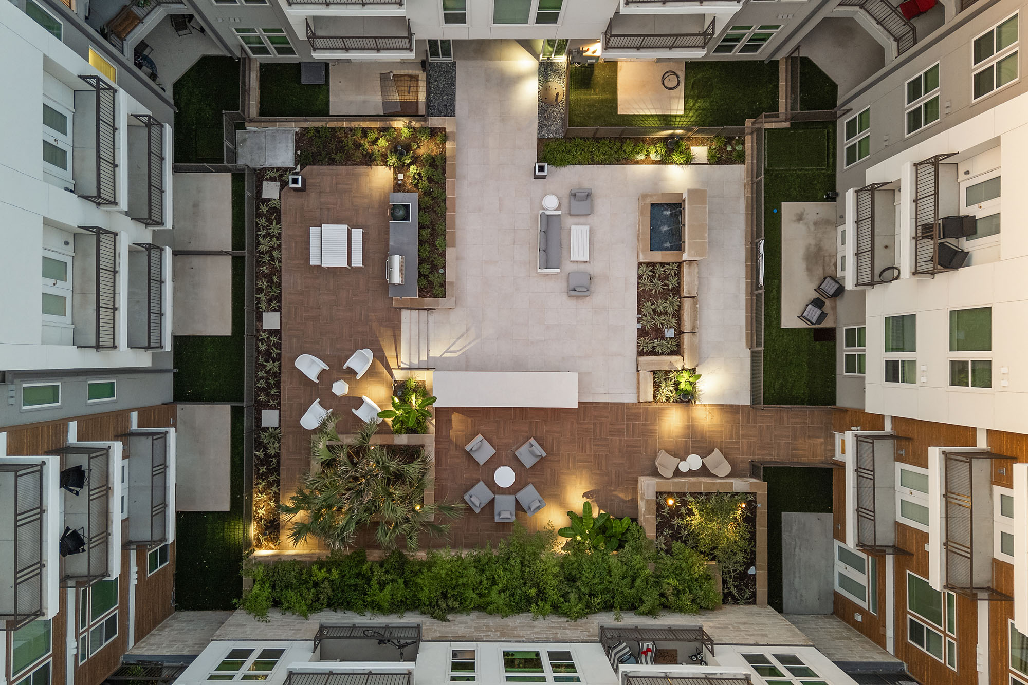 Aerial view of The Mercury Courtyard B at twilight